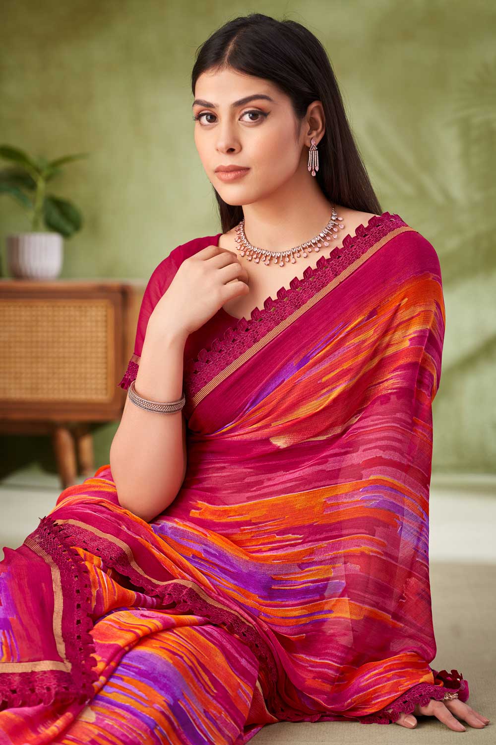 Amazing Magenta Color Chiffon Fabric Printed Saree | Buy Online India