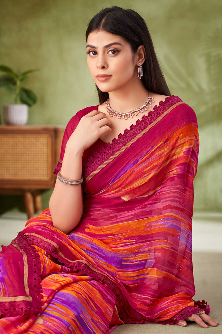 Amazing Magenta Color Chiffon Fabric Printed Saree | Buy Online India