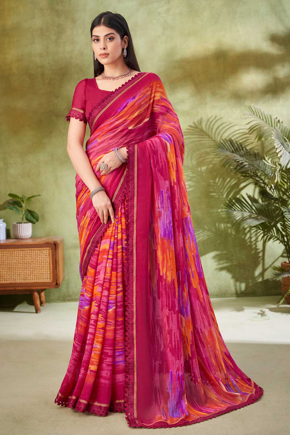 Amazing Magenta Color Chiffon Fabric Printed Saree | Buy Online India