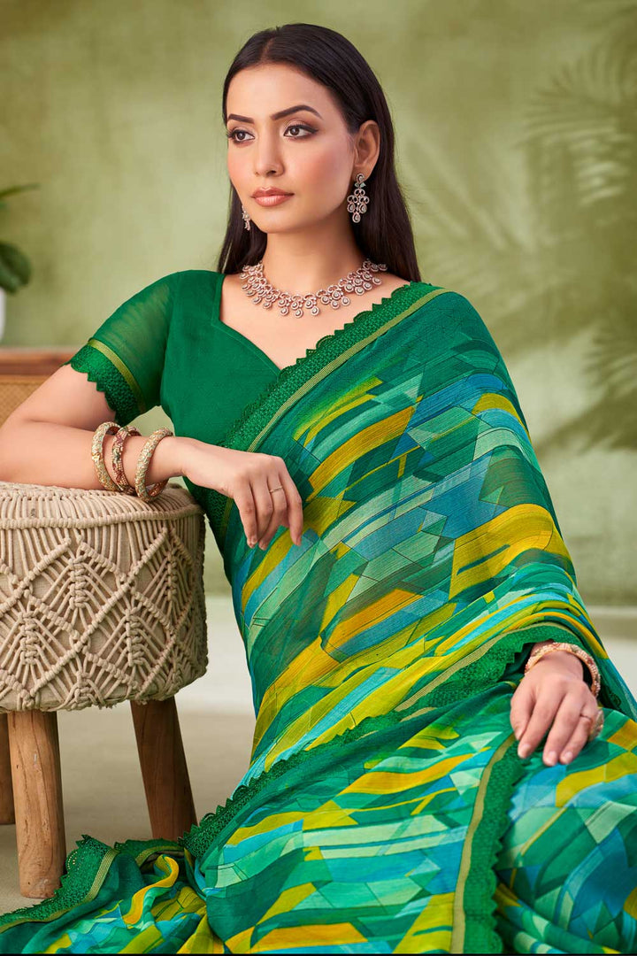 Solid Chiffon Fabric Printed Saree In Green Color | Buy Online India