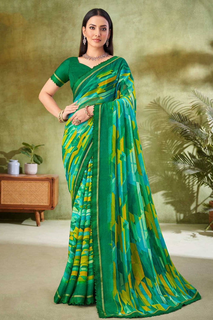 Solid Chiffon Fabric Printed Saree In Green Color | Buy Online India