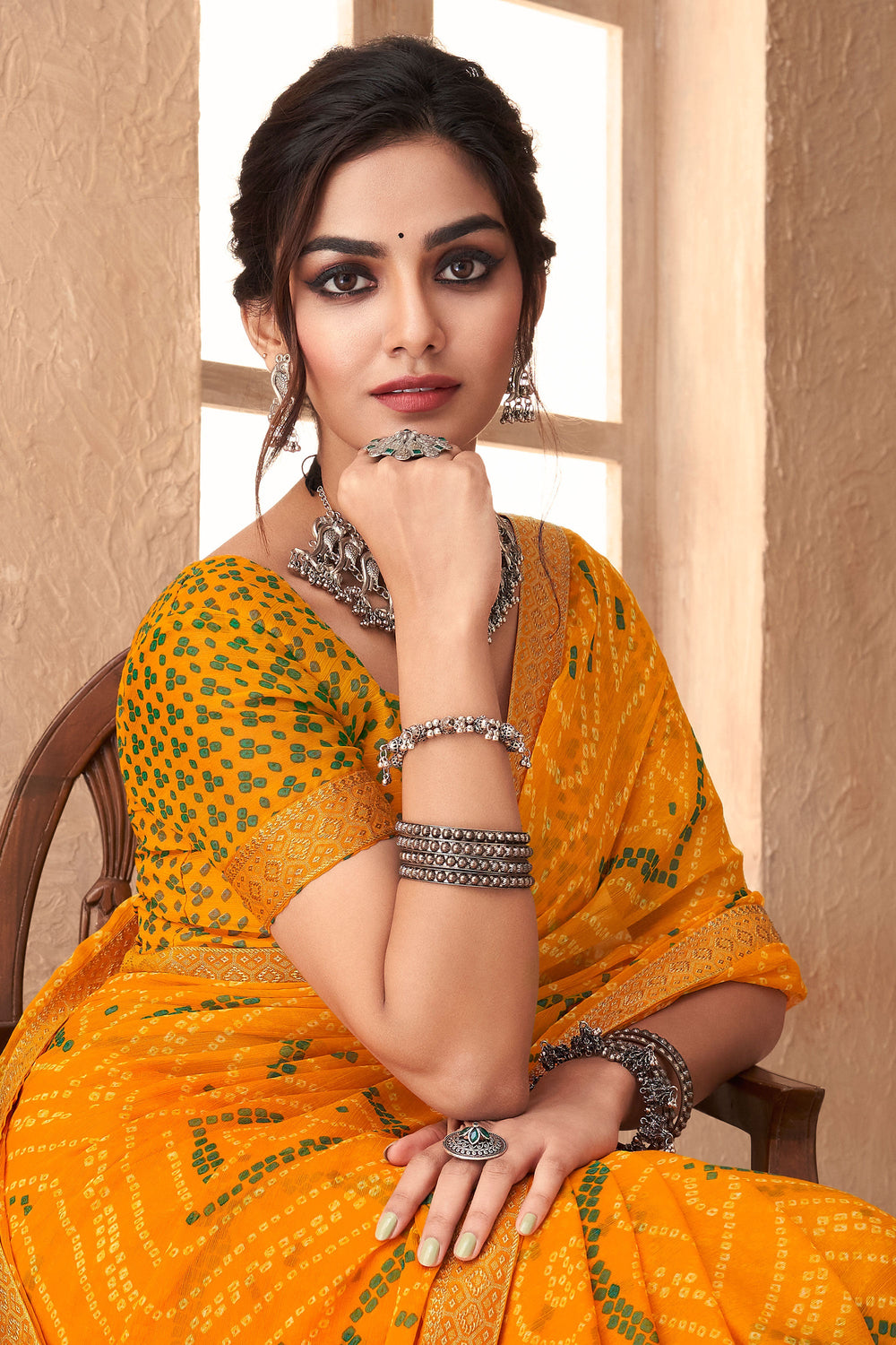 Bandhani Printed Attached Banarasi Border Yellow Chiffon Saree | Buy Online India