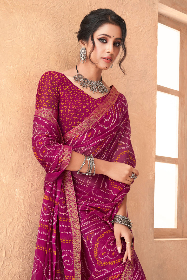 Bandhani Printed Attached Banarasi Border In Magenta Color | Buy Online India