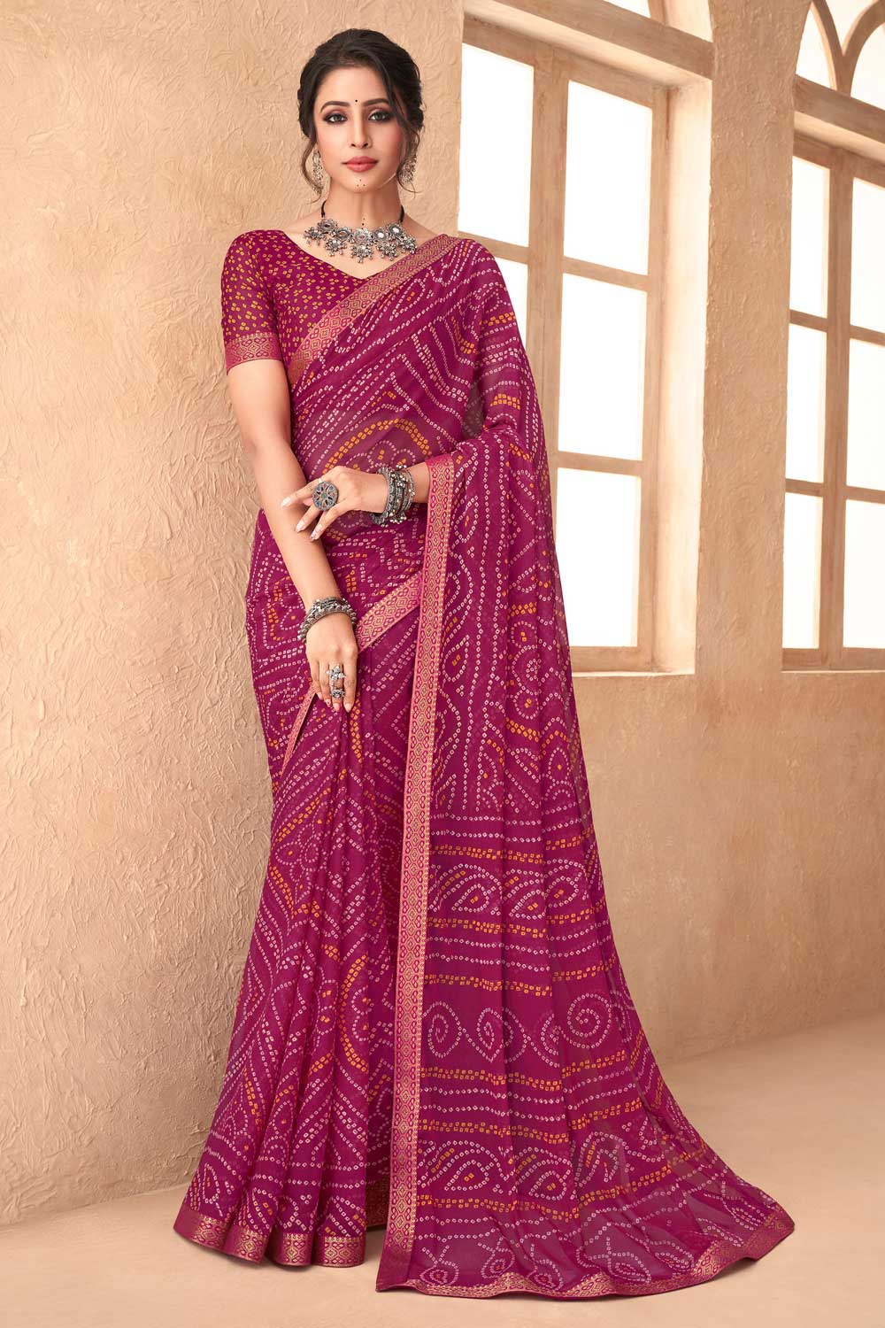 Rani Color Chiffon Fabric Coveted Printed Saree | Buy Online India