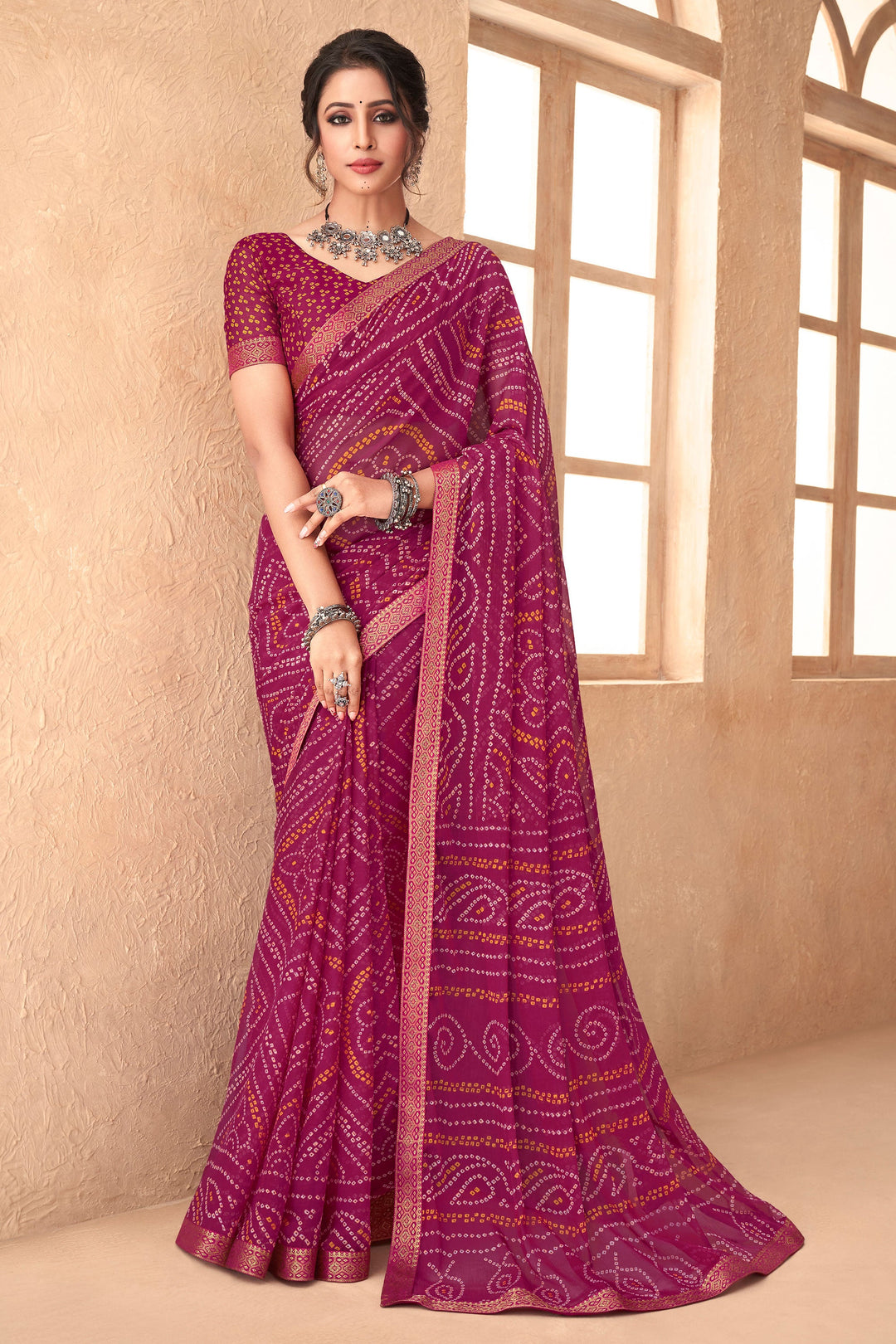 Bandhani Printed Attached Banarasi Border In Magenta Color | Buy Online India