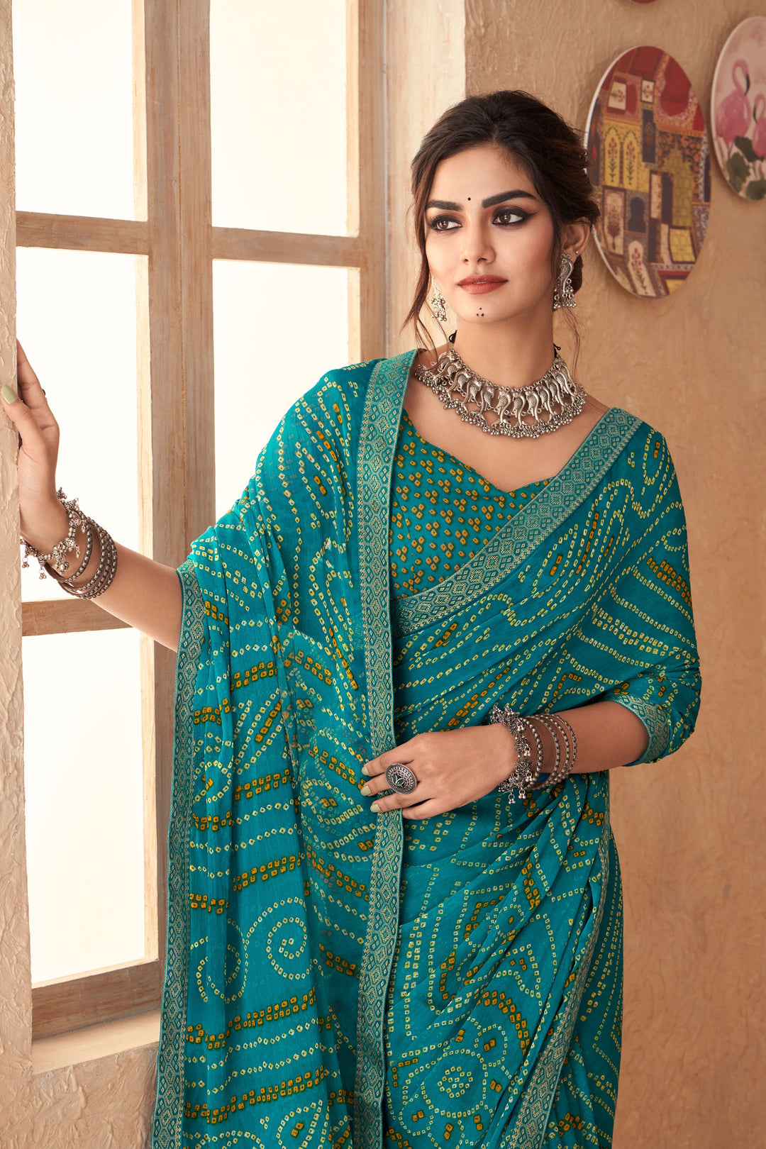 Teal Color Bandhani Printed Attached Banarasi Border Saree | Buy Online India