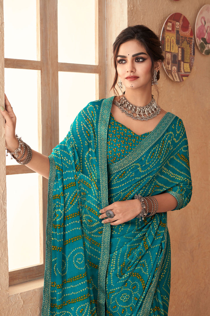 Teal Color Bandhani Printed Attached Banarasi Border Saree | Buy Online India