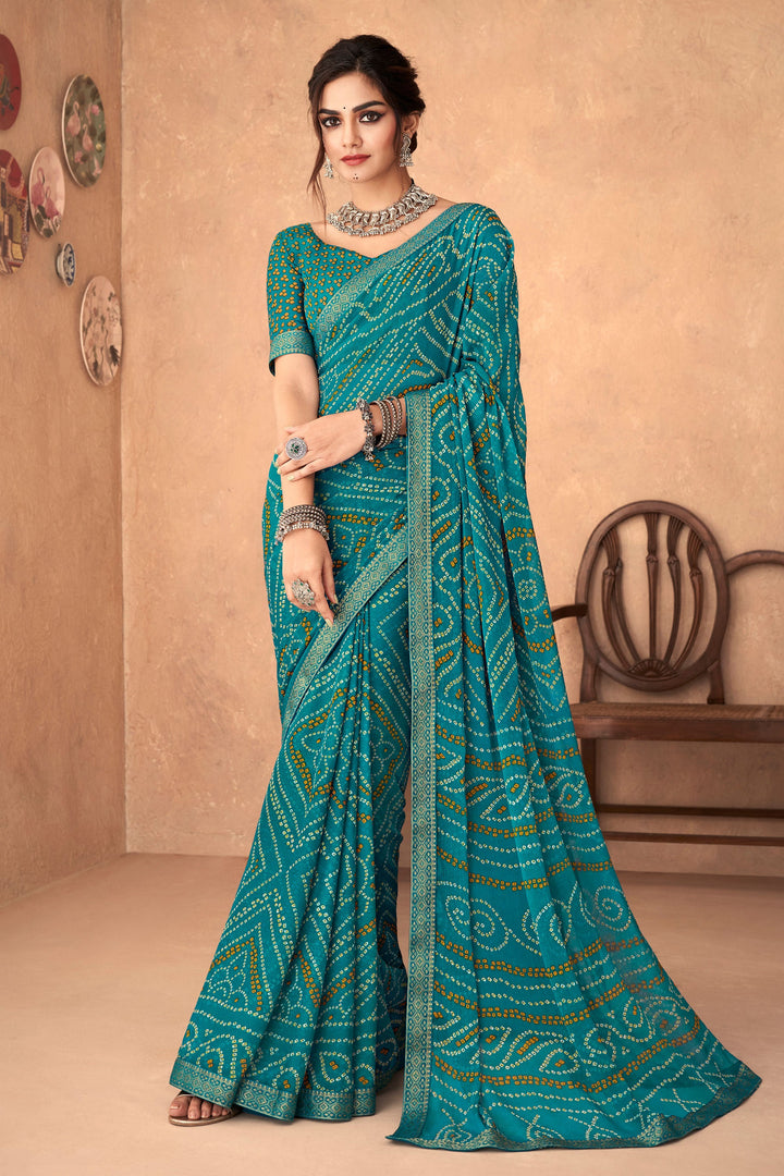 Teal Color Bandhani Printed Attached Banarasi Border Saree | Buy Online India