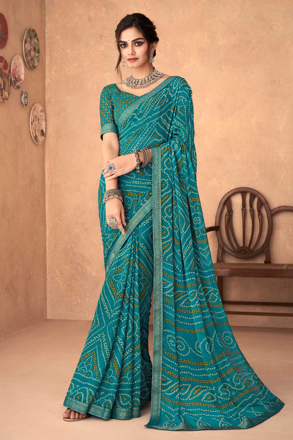Chiffon Fabric Sea Green Color Riveting Printed Saree | Buy Online India