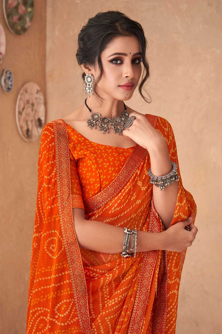 Chiffon Fabric Orange Color Excellent Printed Saree | Buy Online India