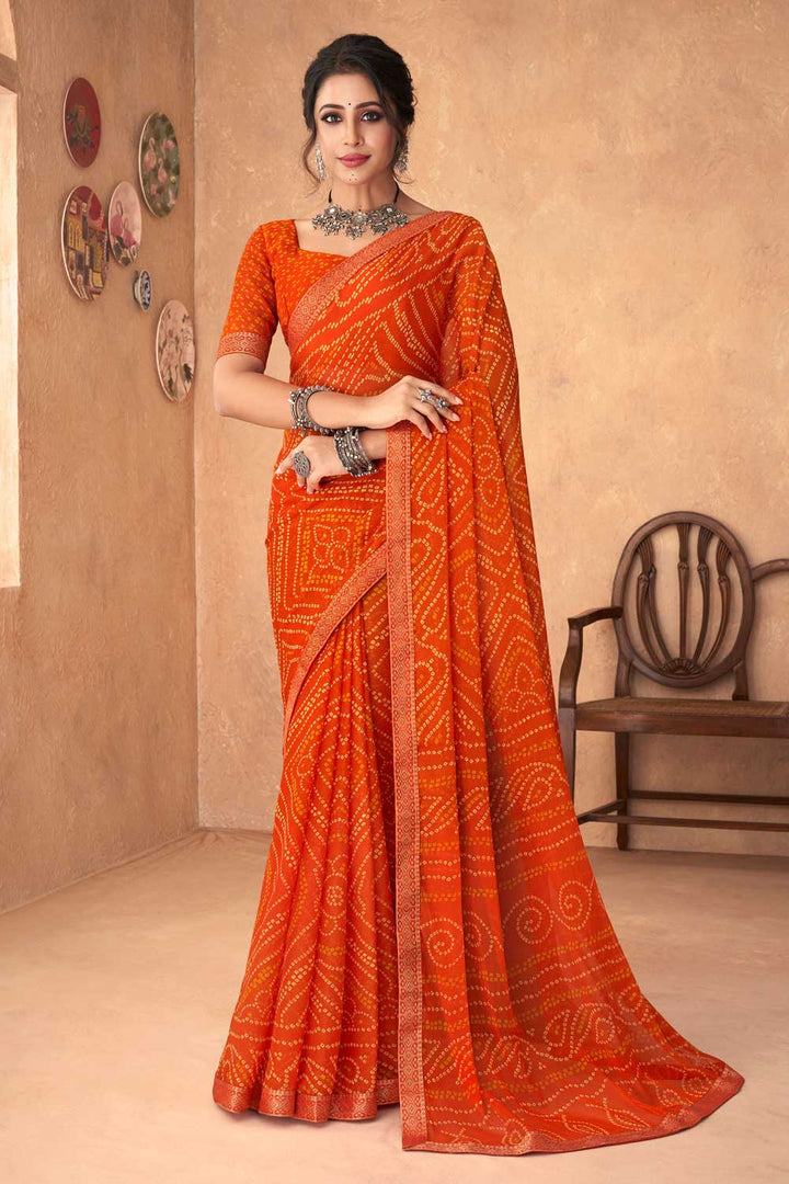 Chiffon Fabric Orange Color Excellent Printed Saree | Buy Online India