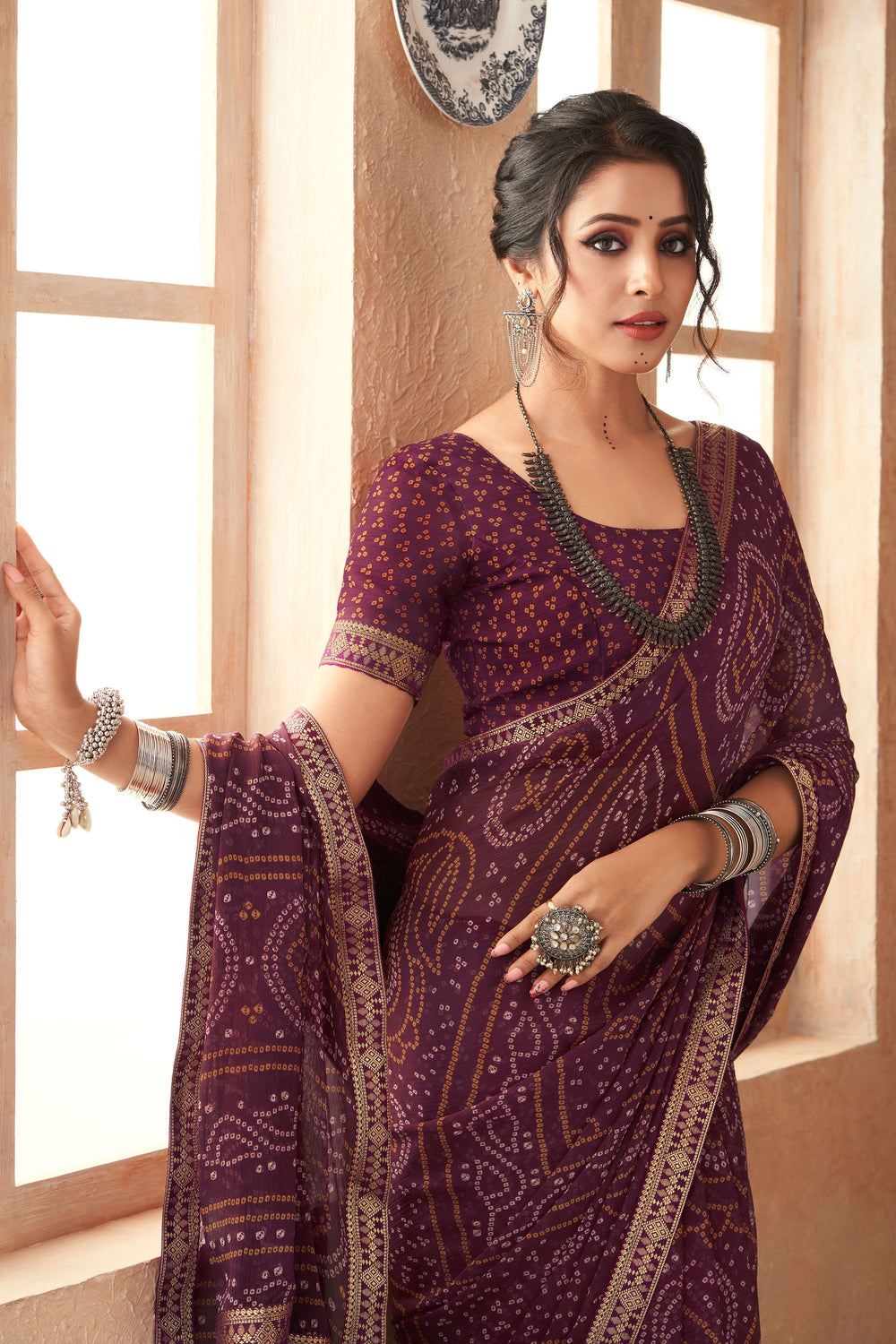 Bandhani Printed Attached Banarasi Border Saree In Wine Color | Buy Online India