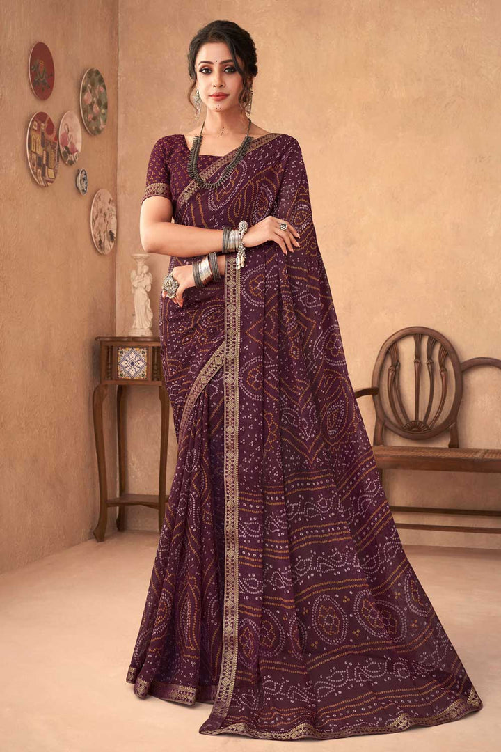 Brown Color Chiffon Fabric Princely Printed Saree | Buy Online India