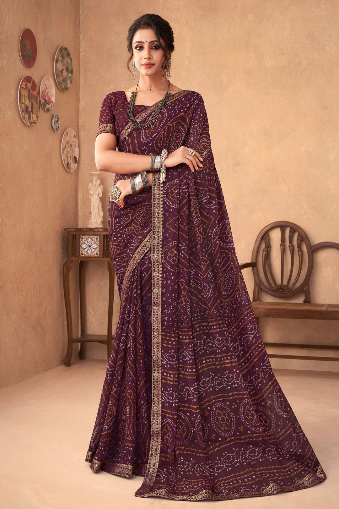 Bandhani Printed Attached Banarasi Border Saree In Wine Color | Buy Online India