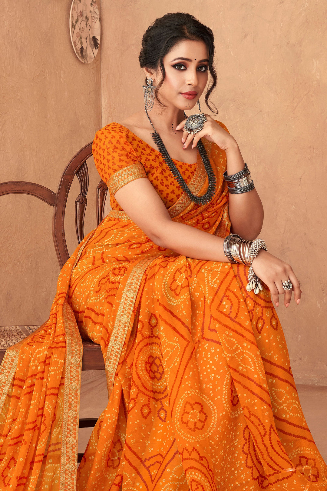Bandhani Printed Attached Banarasi Border Orange Color Chiffon Saree | Buy Online India