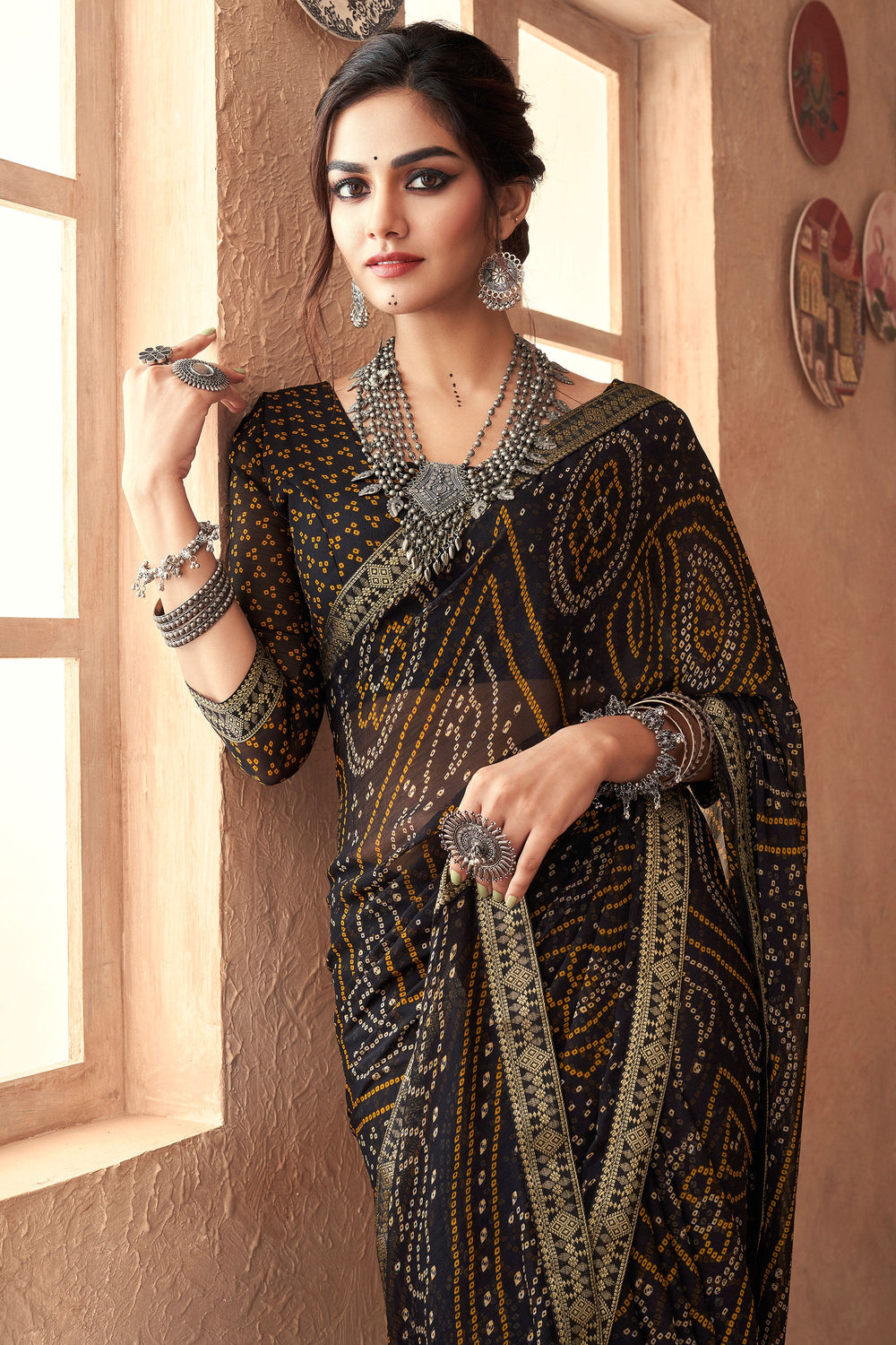 Black Color Bandhani Printed Attached Banarasi Border Chiffon Saree | Buy Online India