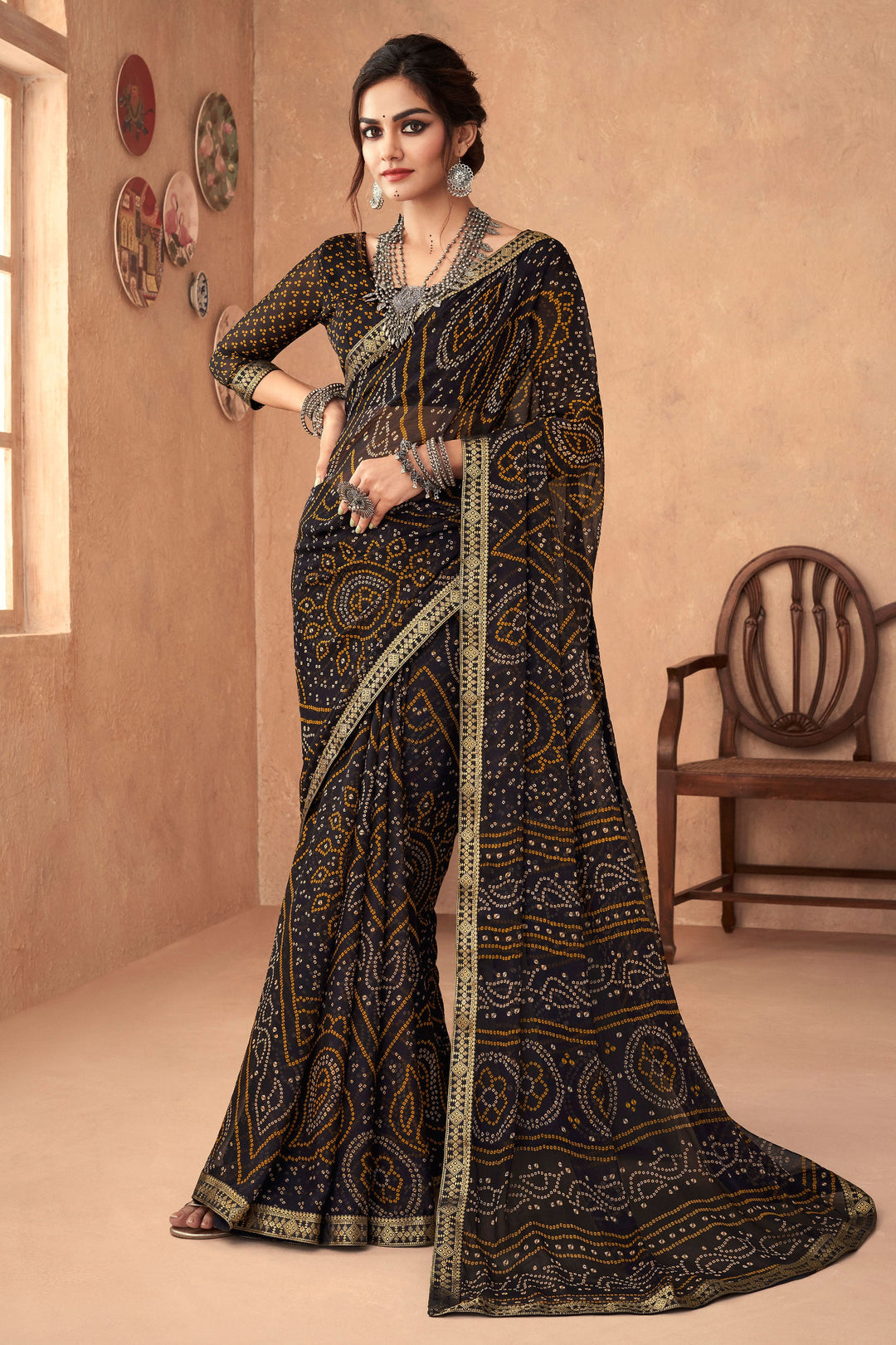 Black Color Bandhani Printed Attached Banarasi Border Chiffon Saree | Buy Online India