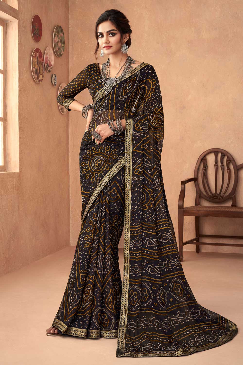 Black Color Chiffon Fabric Engaging Printed Saree | Buy Online India