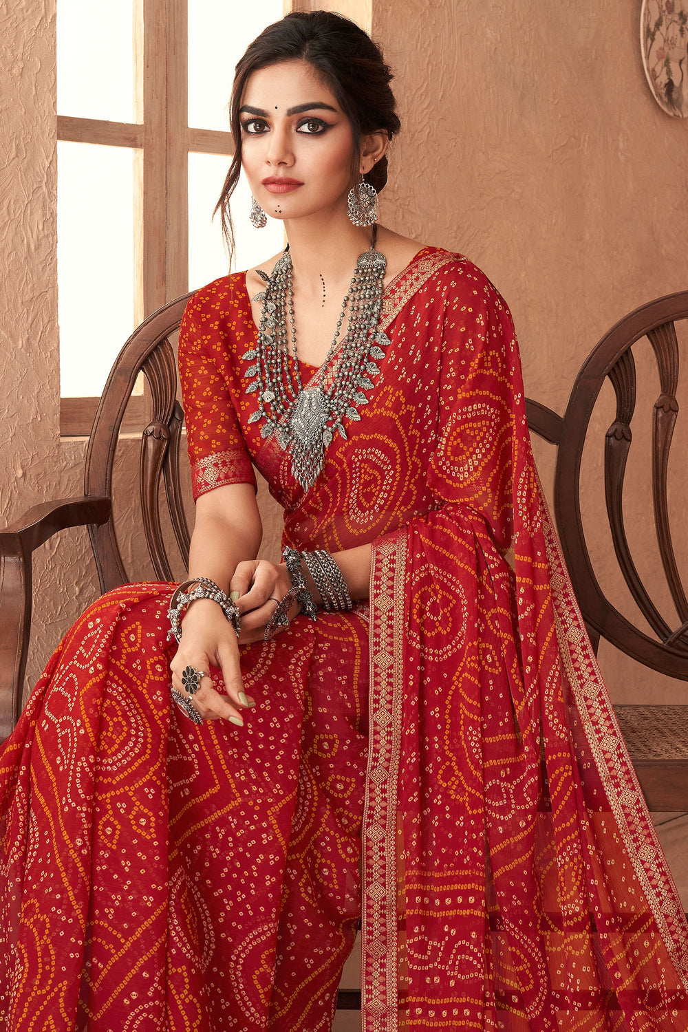 Chiffon Fabric Red Bandhani Printed Attached Banarasi Border Saree | Buy Online India