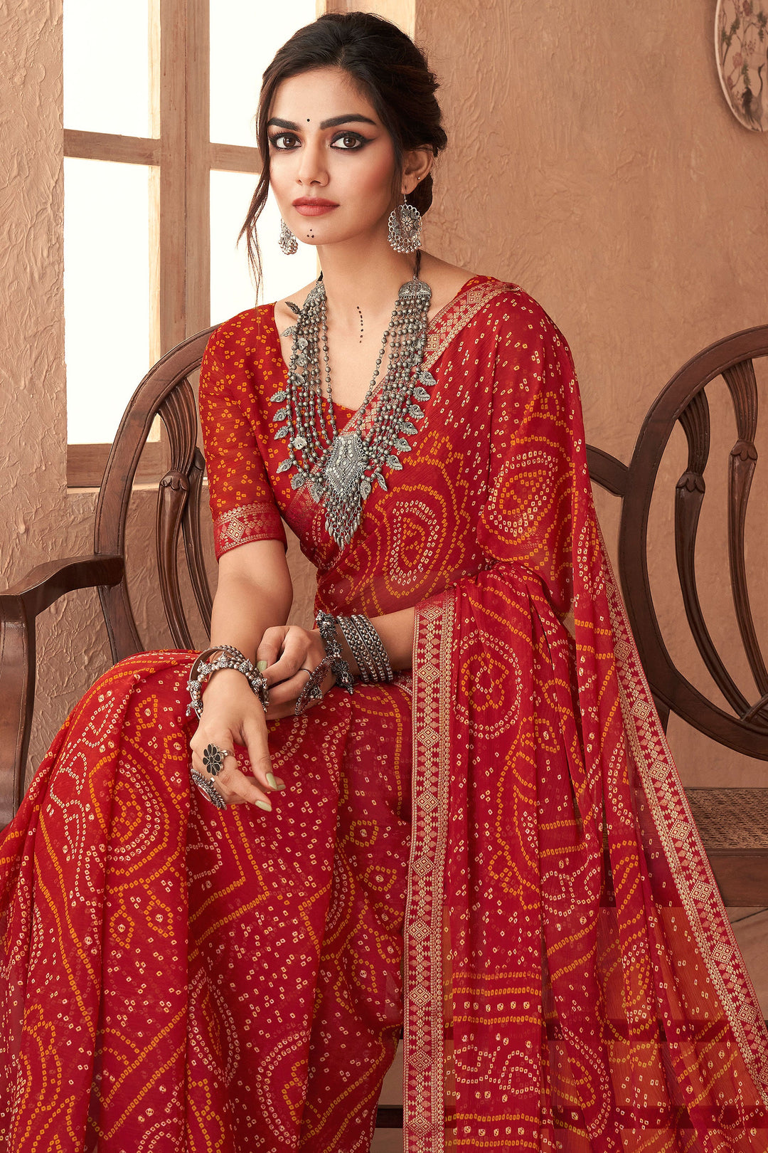 Chiffon Fabric Red Bandhani Printed Attached Banarasi Border Saree | Buy Online India