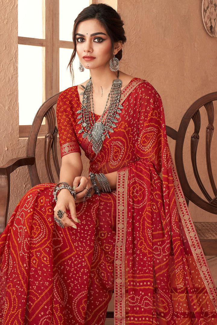 Chiffon Fabric Red Bandhani Printed Attached Banarasi Border Saree | Buy Online India