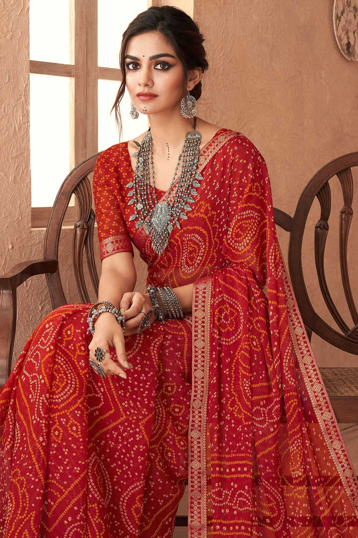 Red Color Sober Printed Saree In Chiffon Fabric | Buy Online India