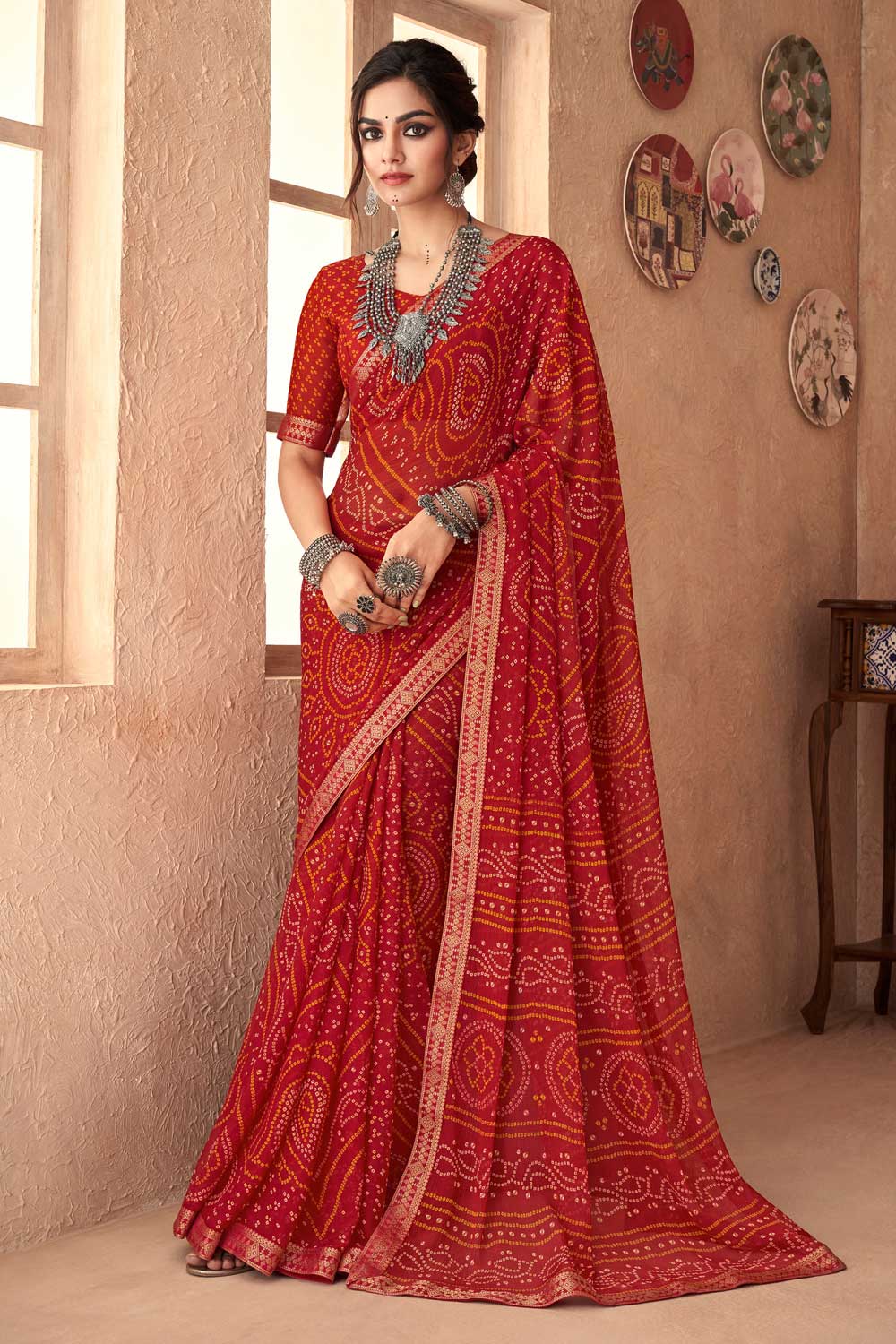 Red Color Sober Printed Saree In Chiffon Fabric | Buy Online India