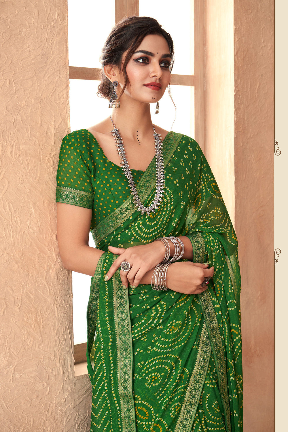 Green Chiffon Bandhani Printed Attached Banarasi Border Saree | Buy Online India