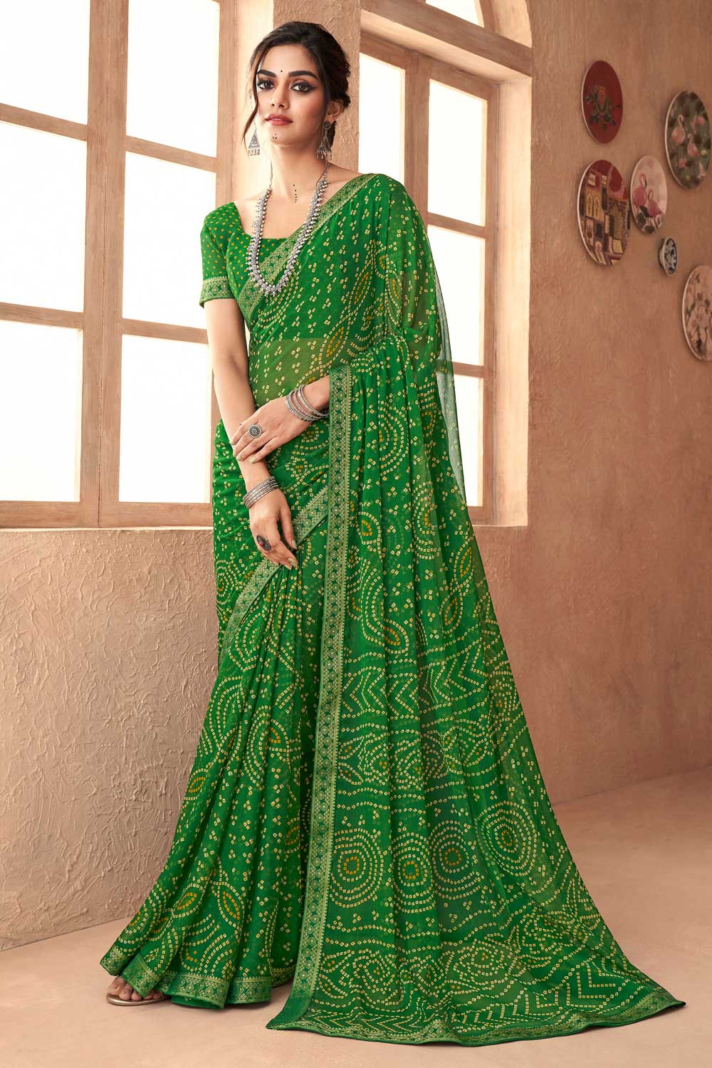 Creative Green Color Chiffon Fabric Printed Saree | Buy Online India