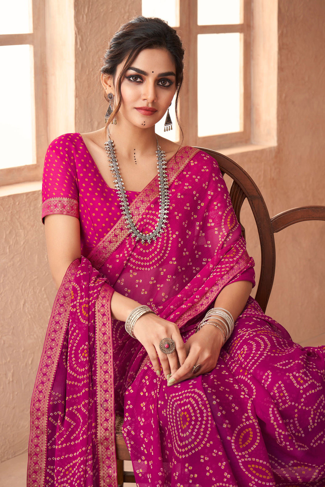 Rani Color Bandhani Printed Attached Banarasi Border Chiffon Saree | Buy Online India
