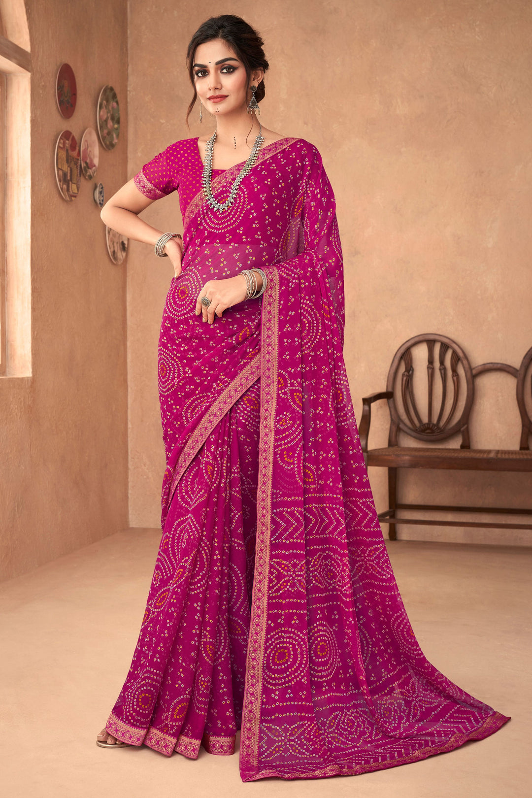 Rani Color Bandhani Printed Attached Banarasi Border Chiffon Saree | Buy Online India