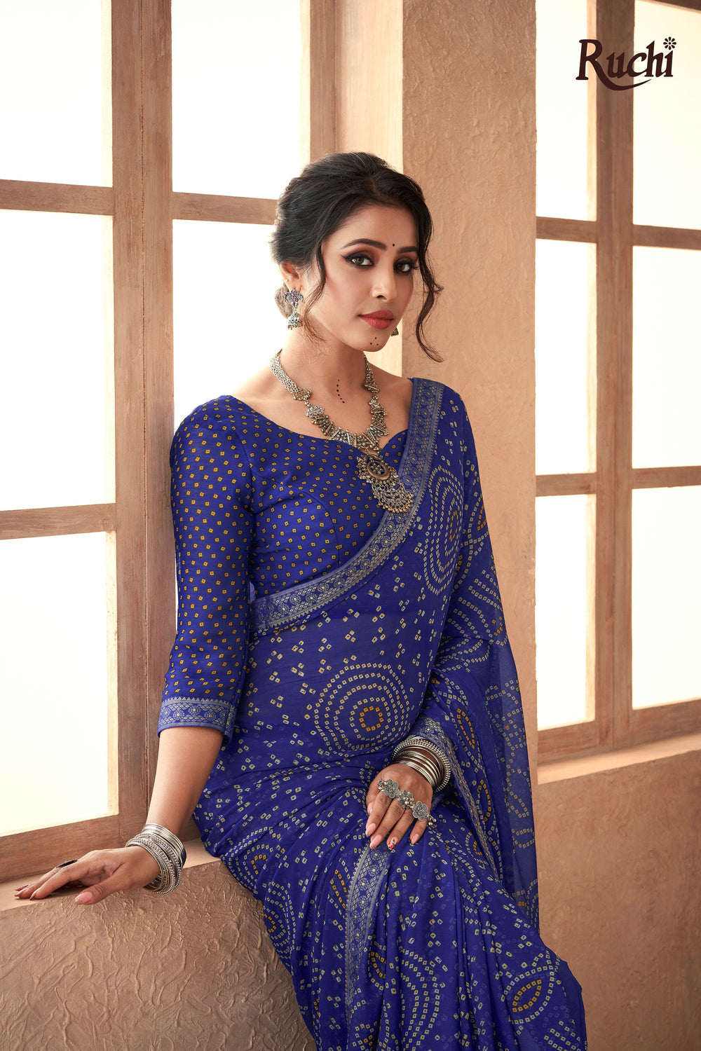 Chiffon Fabric Blue Bandhani Printed Attached Banarasi Border Saree | Buy Online India