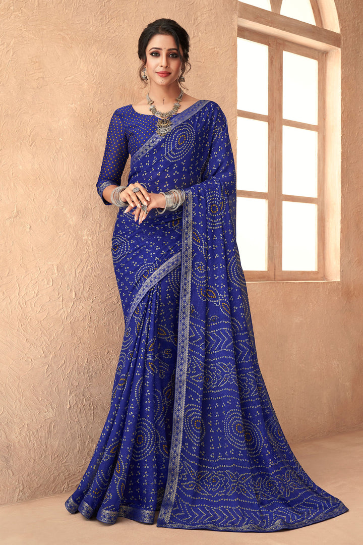 Chiffon Fabric Blue Bandhani Printed Attached Banarasi Border Saree | Buy Online India