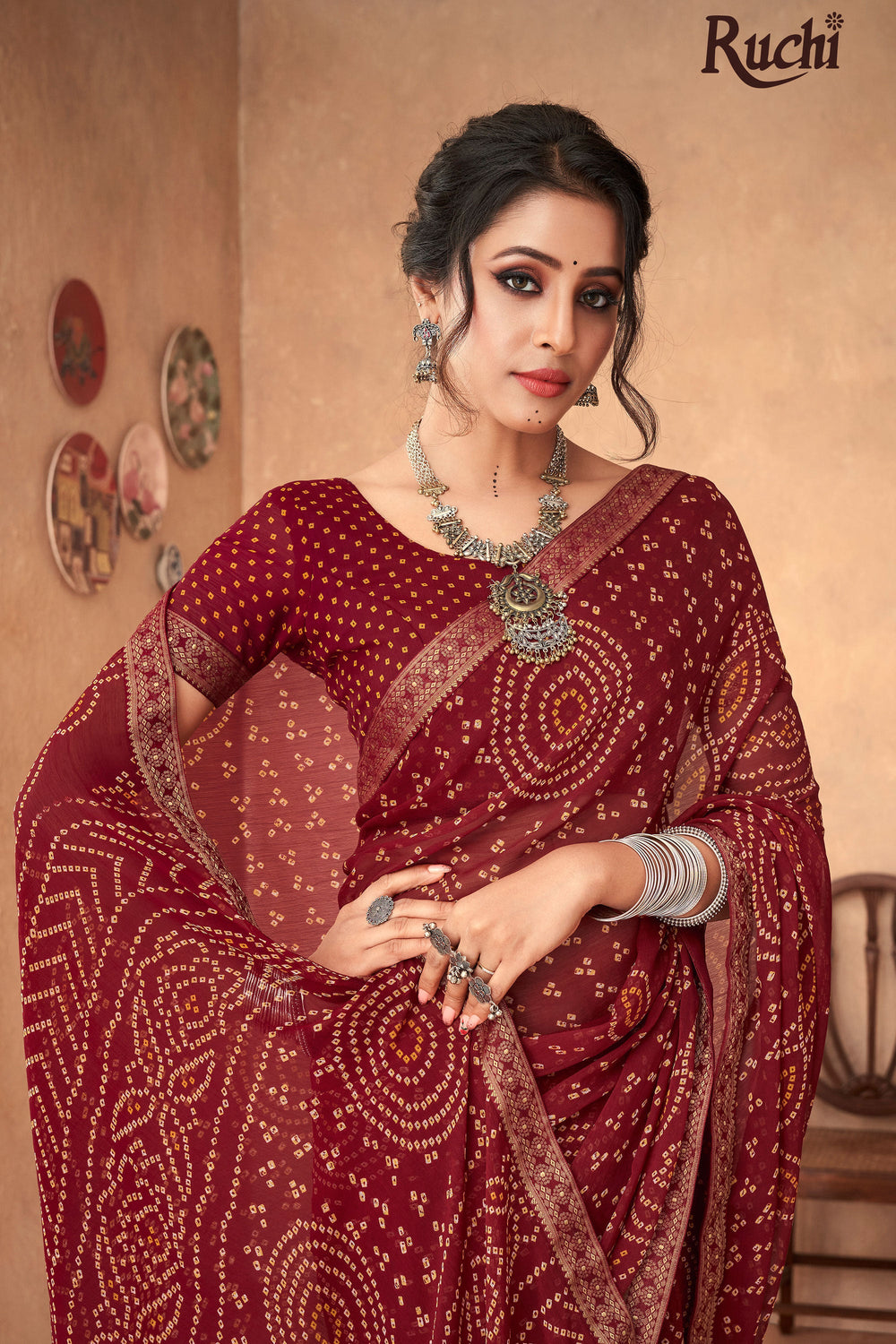 Maroon Color Chiffon Bandhani Printed Attached Banarasi Border Saree | Buy Online India
