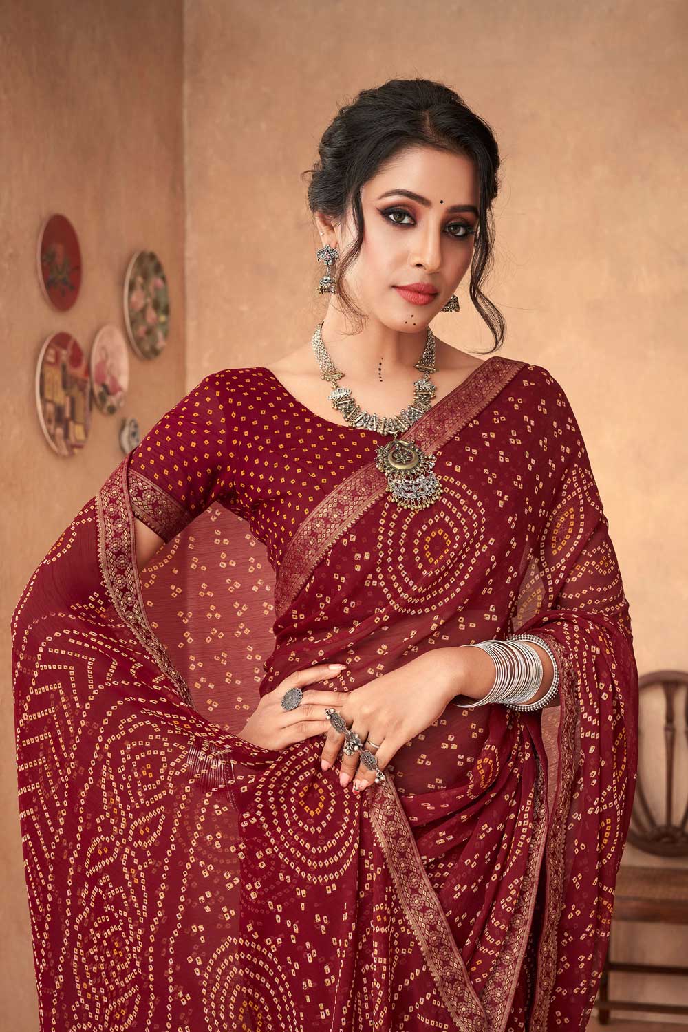 Maroon Color Chiffon Fabric Stunning Printed Saree | Buy Online India