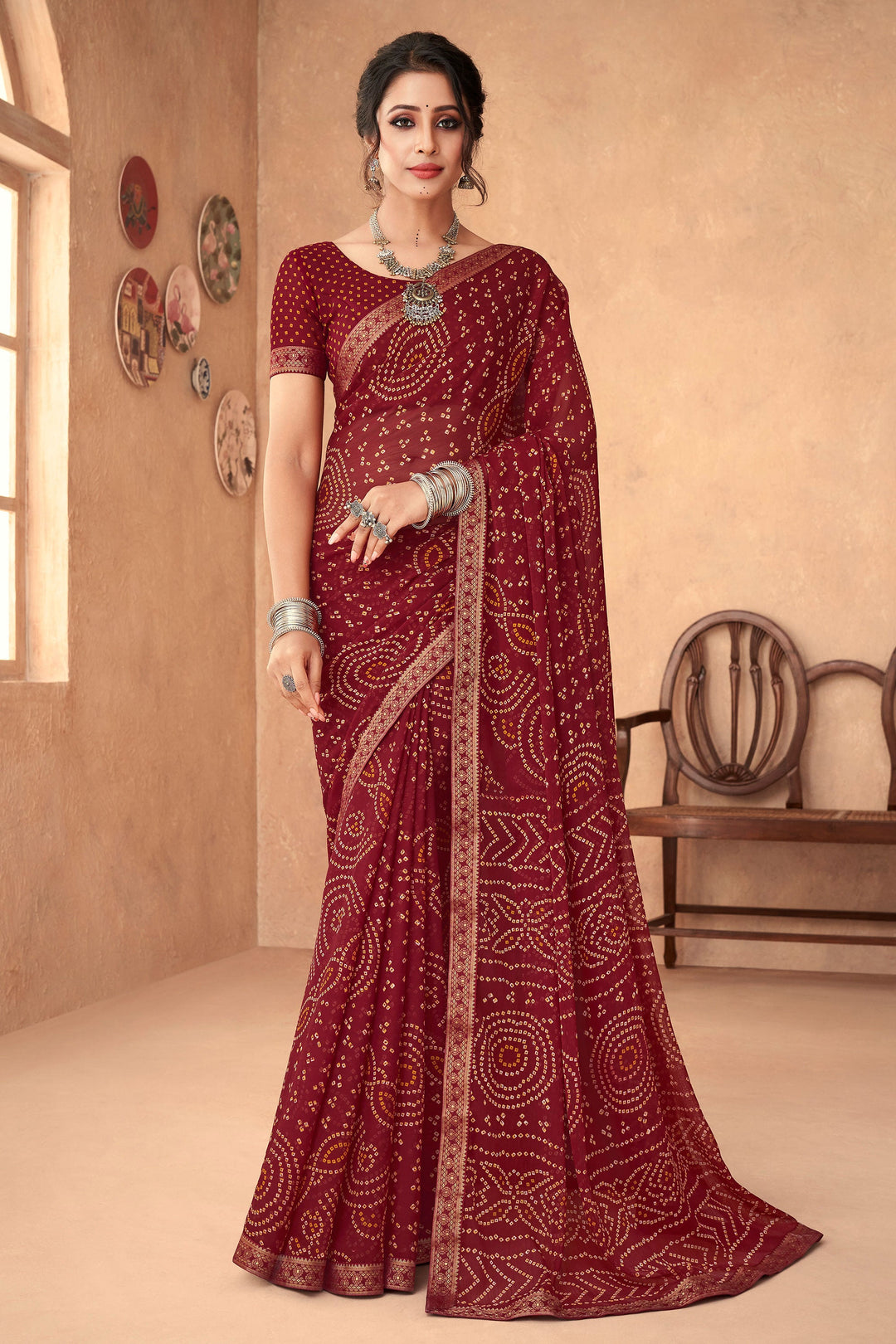 Maroon Color Chiffon Bandhani Printed Attached Banarasi Border Saree | Buy Online India
