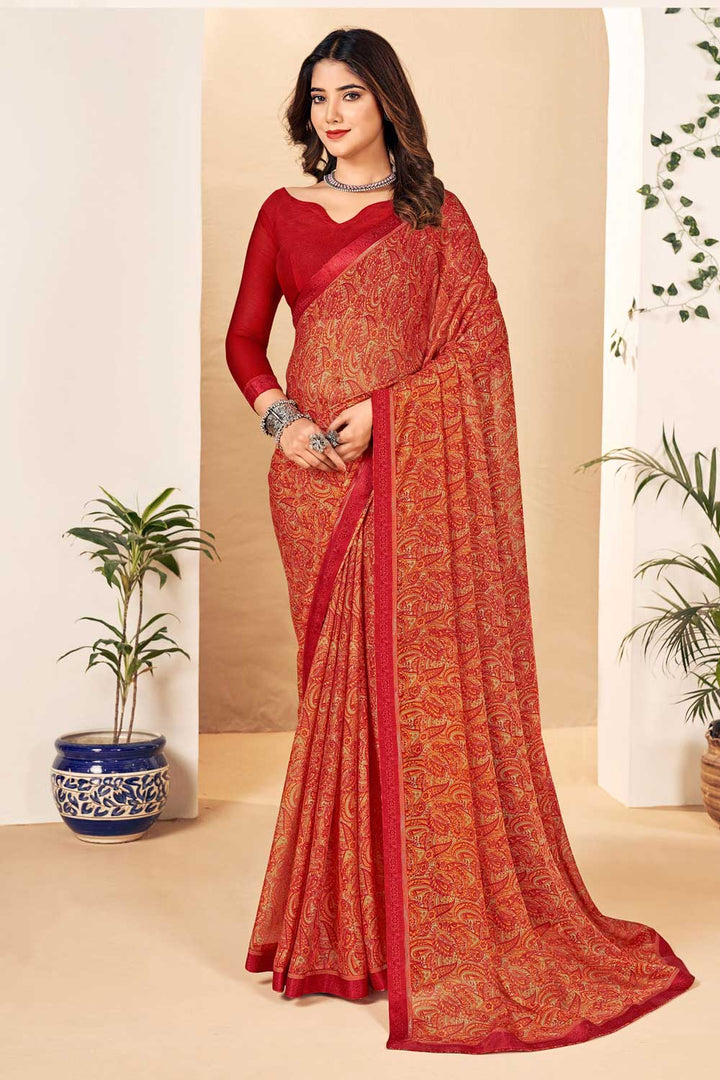 Mesmeric Maroon Color Chiffon Saree | Buy Online India
