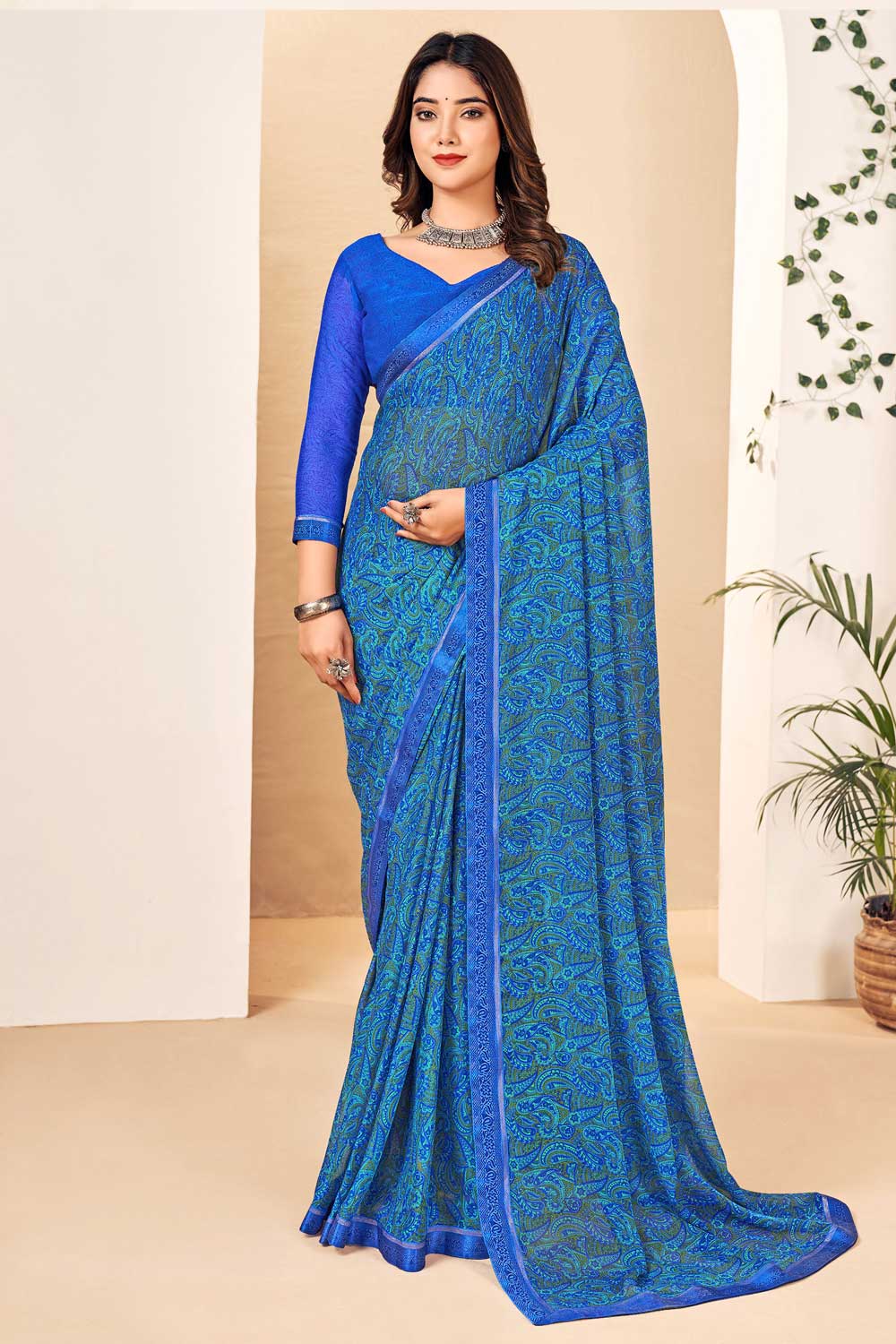 Radiant Blue Color Chiffon Saree | Buy Online India