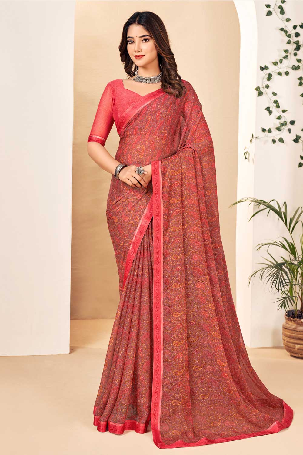 Beguiling Peach Color Chiffon Saree | Buy Online India