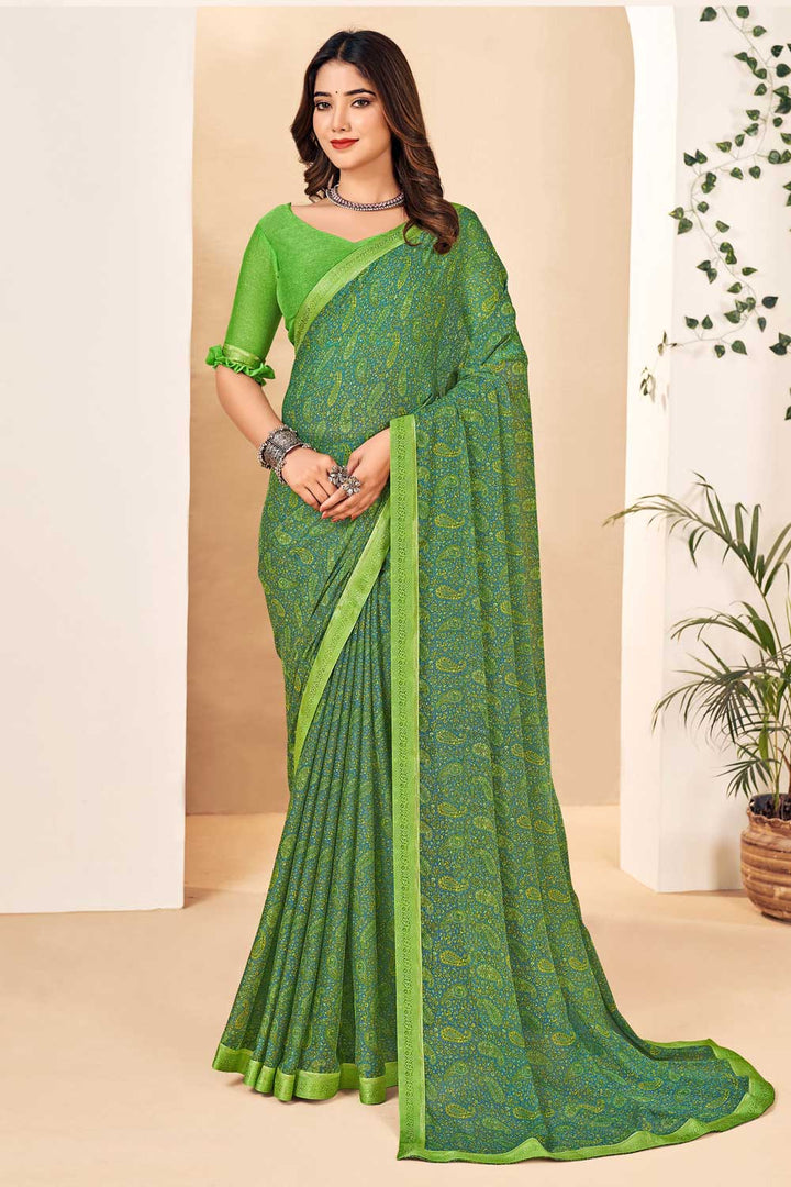 Engaging Green Color Chiffon Saree | Buy Online India