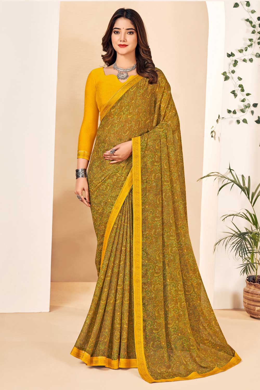 Classic Yellow Color Chiffon Saree | Buy Online India