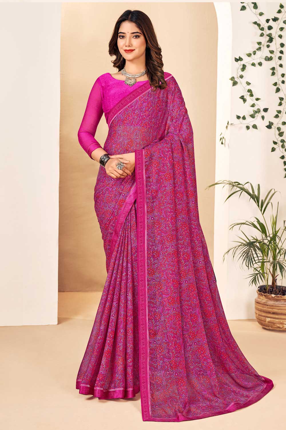 Trendy Pink Color Chiffon Saree | Buy Online India