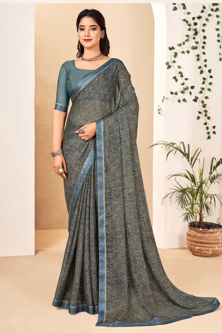 Creative Chiffon Saree In Dark Grey Color | Buy Online India