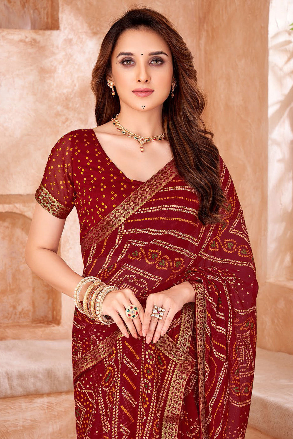 Red Color Bandhani Printed Chiffon Fabric Saree | Buy Online India