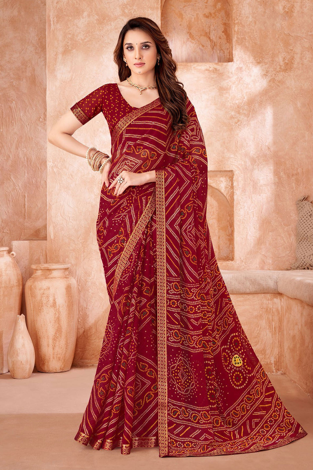 Red Color Bandhani Printed Chiffon Fabric Saree | Buy Online India