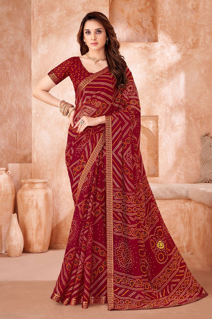 Red Color Bandhani Printed Chiffon Fabric Saree | Buy Online India