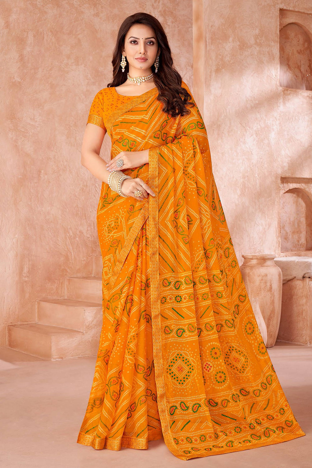 Festive Wear Bandhani Printed Saree In Yellow Color | Buy Online India