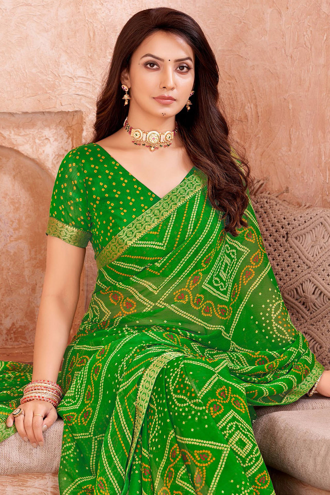 Green Color Bandhani Printed Chiffon Saree | Buy Online India