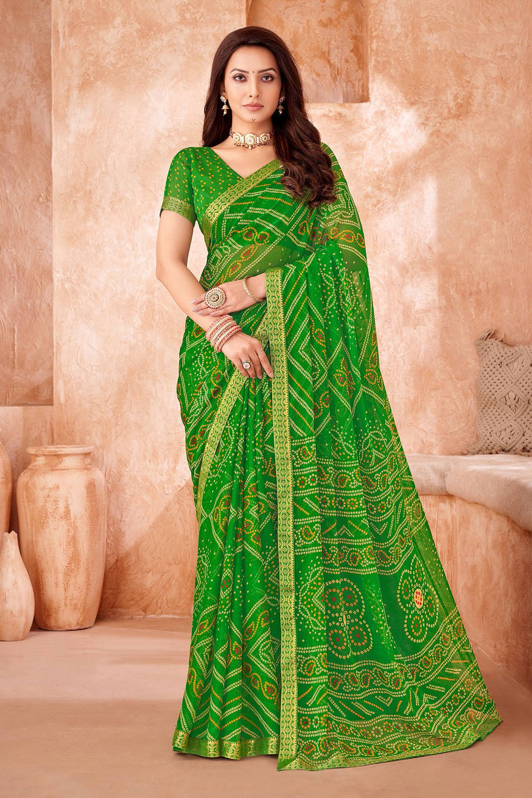 Green Color Bandhani Printed Chiffon Saree | Buy Online India