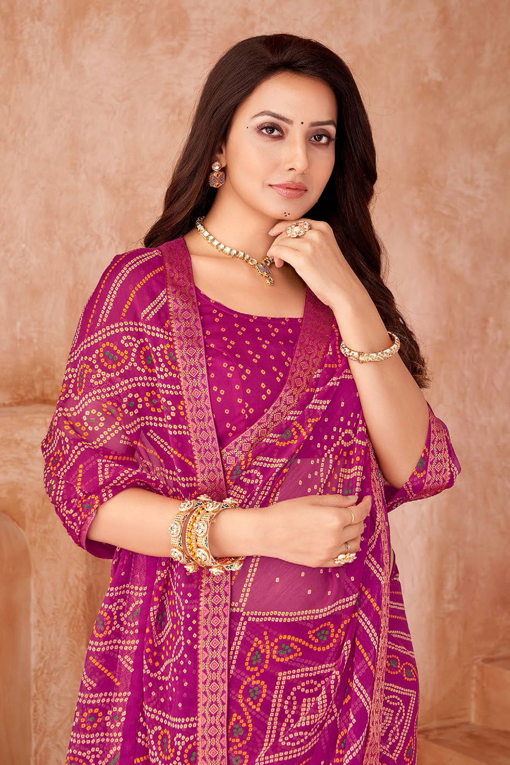 Magenta Color Bandhani Printed Chiffon Fabric Saree | Buy Online India